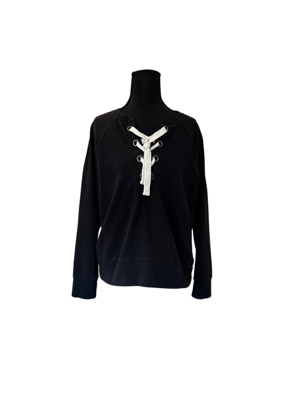 a.n.a Black Lace-Up Pullover with Cream Drawcord